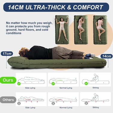 Килимок для кемпінгу Origem, надлегкий надувний килимок для сну 14 см, невеликий розмір упаковки, надувний матрац для ніг для використання на вулиці з ножним насосом, армійський зелений