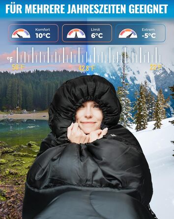 Спальний мішок KingCamp для дорослих, для холодної та теплої погоди, XL, великий та високий фланелевий спальний мішок з компресійним мішком, портативний, водонепроникний, аксесуар для кемпінгу на природі, чорний фланель, 22075 см