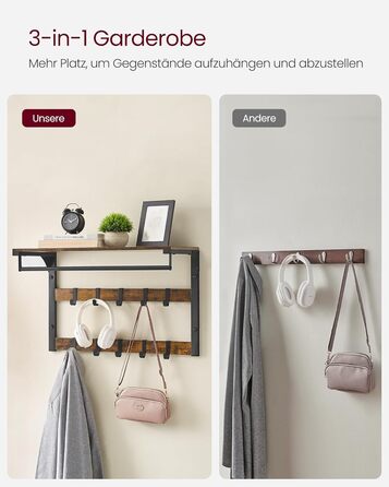 Настінна вішалка VASAGLE, з полицею, настінна полиця з 10 знімними гачками, підвісна полиця, настінне кріплення, 2 вішалки, вішалк