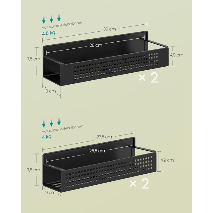 Магнітна полиця для спецій SONGMICS, набір з 4 шт. , 2 великі та 2 малі полиці, органайзер для спецій без свердління, магнітна полиця, для кухні, холодильника, мікрохвильової печі, пральної машини, чорний колір KCS061B01, легована сталь чорного кольору