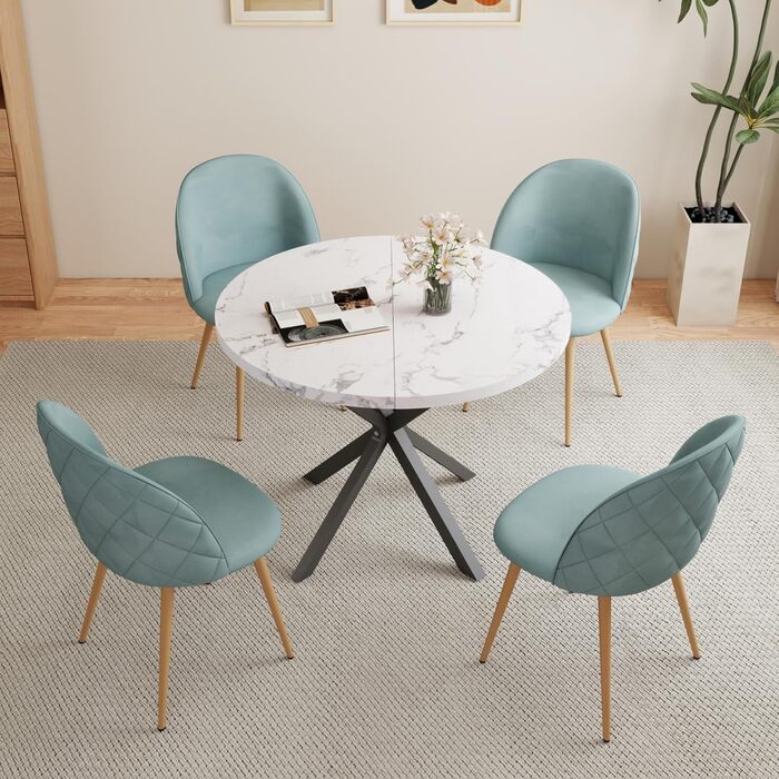 Сучасний круглий обідній стіл з промисловим листовим металом та чорними металевими ніжками - Скандинавський стіл для вітальні або кухні, 4-6 осіб, 100 см - Мармурова структура білийчорний