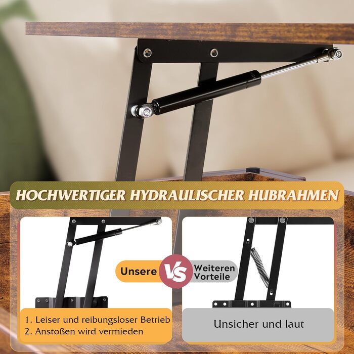 Журнальний столик WLIVE з регульованою висотою та полицею, прямокутний стіл для вітальні з відкритим та прихованим місцем для зберігання, журнальний столик для вітальні, спальні (індустріальний, рустикальний коричневий) Рустикальний коричневий індустріаль