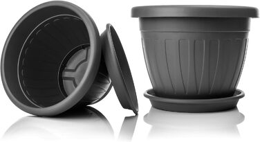 Квітковий горщик BigDean 6 шт. з блюдцем, круглий ø28xH20 см, антрацит - всепогодний горщик - водовідвідний, стійкий до ультрафіолету, виготовлений з ударостійкого пластику - підходить для використання в приміщенні та на вулиці - зроблено в Європі, антрац