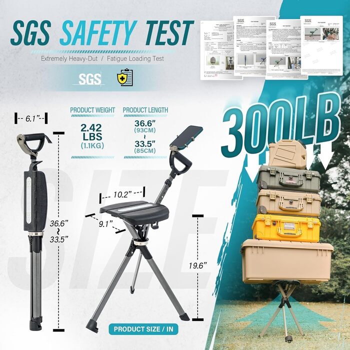 Стілець TA-Da серії 2 PRO - Тростина з сидінням, легка алюмінієва рама та міцний складний стілець (до 136 кг), складна конструкція, ідеально підходить для походів та активного відпочинку, регульована висота, чорний