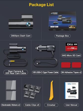 Відеореєстратор автомобільний передній задній, 5 ГГц WiFi GPS, подвійний відеореєстратор, 1.5 IPS міні-автомобільна камера з 64 ГБ