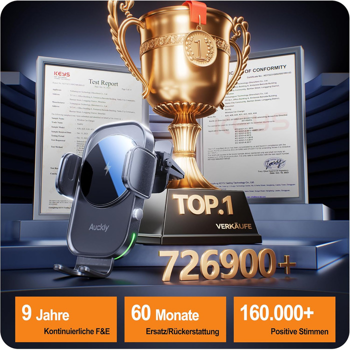 Автомобільний тримач мобільного телефону Auckly 15 Вт з функцією зарядки, автоматичне затискання на 270, автомобільний бездротовий