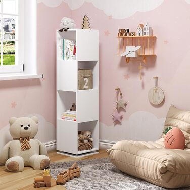 Поворотна полиця EUGAD, 4-рівнева поворотна книжкова полиця, полиця для зберігання на місці, офісна полиця, полиця для документів, для вітальні, спальні, офісу, дитячої кімнати, 35x145x35 см, білий 0046SHG