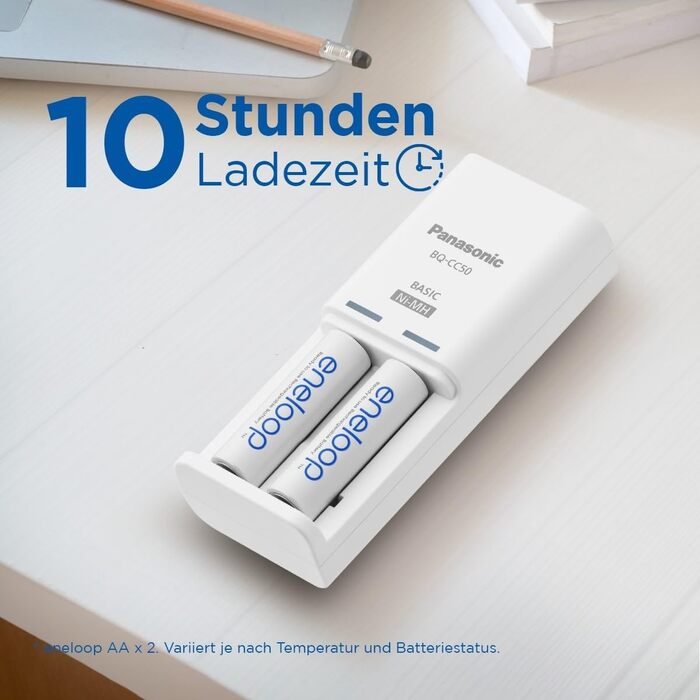 Компактний зарядний пристрій eneloop, для 1-2 нікель-металгідридних акумуляторів типу AA/AAA, час заряджання 10 годин, 9 функцій безпеки, включаючи 2 акумулятори eneloop типу AA (2000 мАг), зарядний пристрій з 2 акумуляторами eneloop типу AA