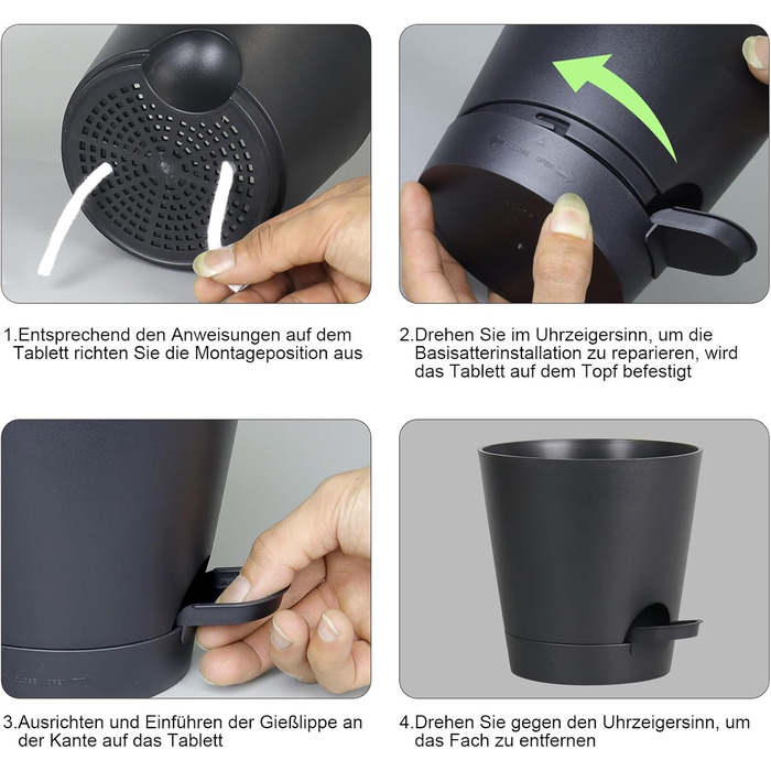 Набір із 6 самополивних квіткових горщиків, 20,3/17,8/16,5/15,2/14/12,7 см, горщики для рослин із системою поливу, кашпо з блюдцем, набір квіткових горщиків, ідеально підходить для кімнатних та балконних садів, чисто чорний колір