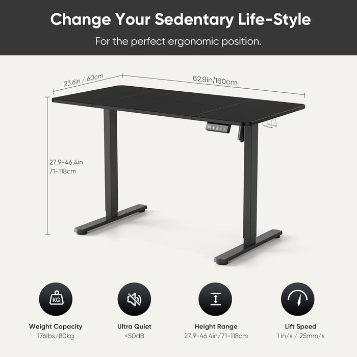 Електричне регулювання висоти столу 160x60 см, регулювання висоти столу з функцією пам&39яті та технологією запобігання зіткненням, колеса, зрощувальна дошка, чорний каркас/чорна стільниця 160 x 60 см, чорнийчорний