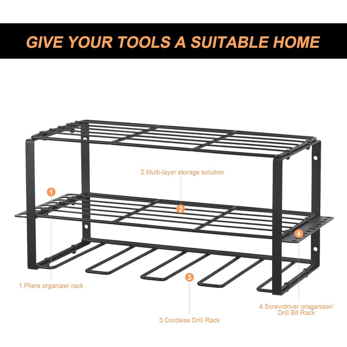 Сховище для інструментів для верстака, настінне кріплення акумуляторної ударної дрилі, 4 гнізда Надпотужна електрична настінна дриль стійка для зберігання викруток організація чорний метал