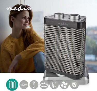 Керамічний PTC вентилятор-обігрівач - 1000/1500 Вт - 2 режими нагріву - Регульований термостат - Функція коливання - Захист від перегріву та перекидання - Сірий, 17GY -