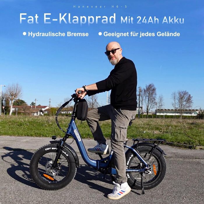 Електричні велосипеди HANEVEAR 20-дюймовий складний електровелосипед Pedelec 24Ah/48V літієва батарея до 140 км, задній двигун 250 Вт, гідравлічні гальма, міський електровелосипед для жінок та чоловіків із заднім кошиком, синій