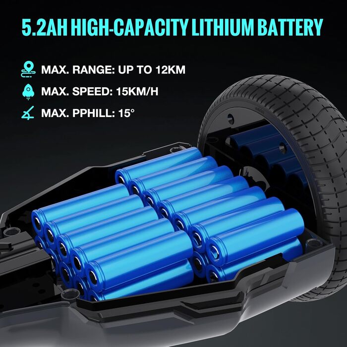 Гіроскутер EVERCROSS EV2 із сидінням – акумулятор 5,2 Аг, 15 км/год, музика через Bluetooth, 7-кольорове підсвічування педалей, вантажопідйомність 85 кг, з ховеркартом для дітей, підлітків та дорослих