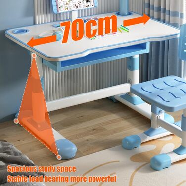 Комплект дитячого столу та стільця з регульованою висотою Ергономічний навчальний стіл для дітей віком від 3 років, стіл з похилою підставкою для читання, світлодіодною лампою та великою шухлядою (синій)