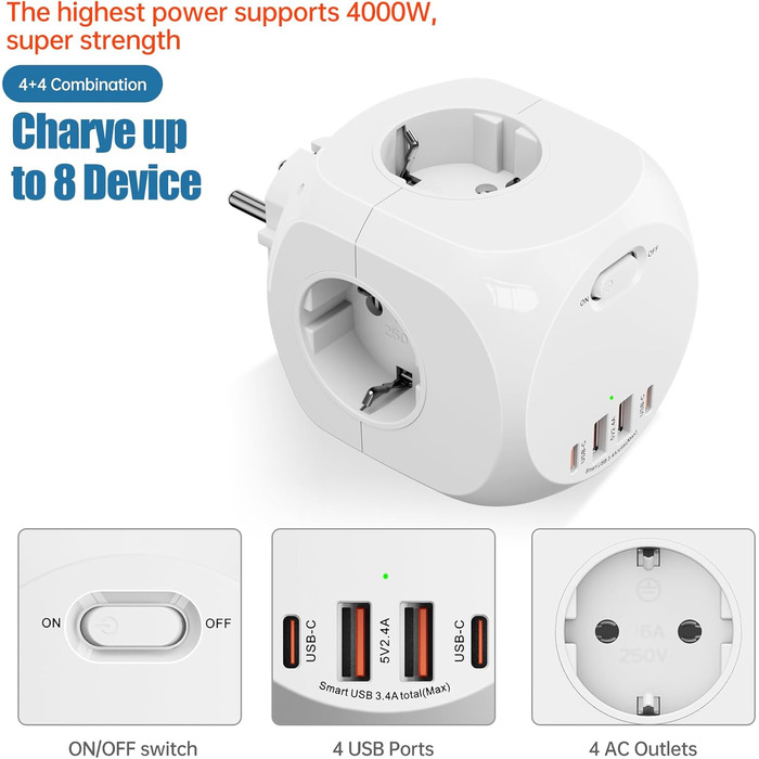 Розетка з USB, розетка з вимикачем, подовжувач на 8 розеток N 1, куб з 2 розетками USB-C, адаптер для домашнього офісу з кубом роз
