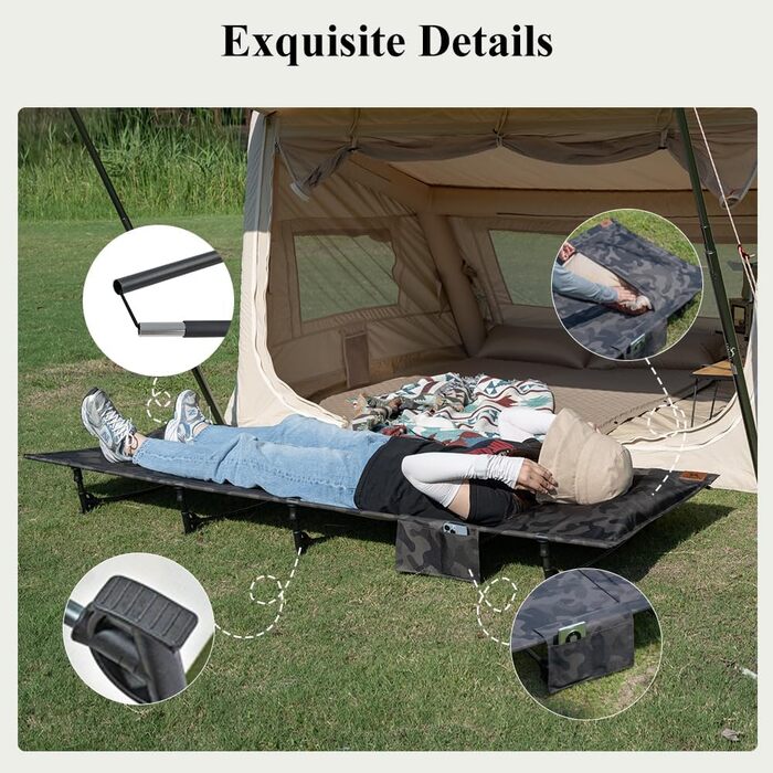 Надлегке розкладне похідне ліжко 190x70 см з алюмінію, компактне туристичне ліжко, легке в установці, міцне туристичне ліжко для наметів, походів на свіжому повітрі, подорожей, пляжу - камуфляжно-зелене