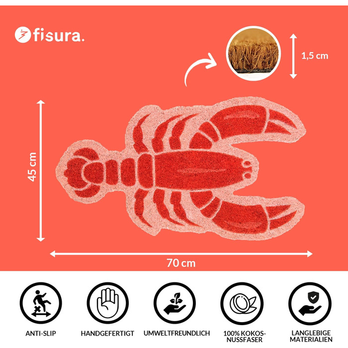 Килимок для вулиці з малюнком лобстера, виготовлений зі шкаралупи кокосового горіха з нековзною ПВХ-основою. Веселий килимок для вітального прийому. Ручний розпис. Розмір 70 см x 40 см. Червоний лобстер, червоний