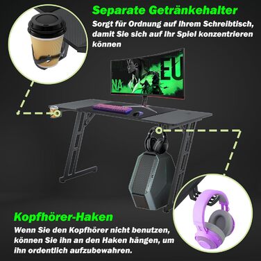 Ігровий стіл Froadp 120x60 см Z-подібний ігровий стіл для ПК, чорний, з вуглецевого волокна, ергономічний комп&39ютерний стіл з підставкою для чашок та гачками для навушників, вантажопідйомність 150 кг, 120 см, без світлодіодного підсвічування