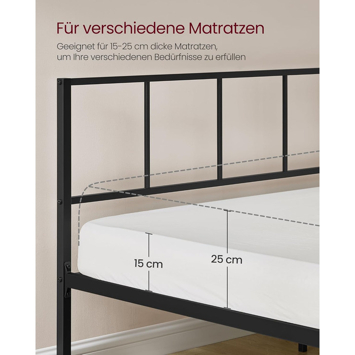 Каркас двоспального ліжка, Ліжко, 160 x 200 см, Металеве ліжко, Каркас ліжка, з узголів&39ям, Сучасне, з полицями для зберігання, Гостьове ліжко, для підлітків, Матовий чорний RMB195B01 160 x 200 см з узголів&39ям