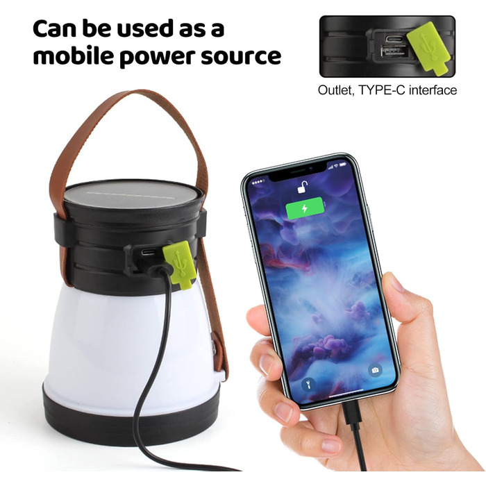 Світлодіодний сонячний кемпінговий ліхтар, USB-акумуляторний кемпінговий ліхтар з акумулятором 1200 мАг, 5 світлодіодних режимів освітлення, кемпінговий ліхтар з функцією ліхтарика та портативним зарядним пристроєм, водонепроникний кемпінговий ліхтар IP65