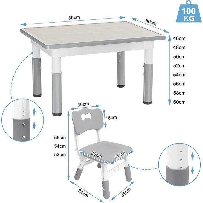 Дитячий стіл з 2 стільцями, регульована по висоті 3-секційна дитяча комплектація сидінь, пластикові меблі для дитячої кімнати, ігровий стіл/парта для дітей віком від 2 років, 80x60 см