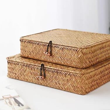 Кошики для зберігання морської трави з кришками, плоский плетений кошик, плоский плетений кошик для полиць, декоративні коробки для зберігання та організації