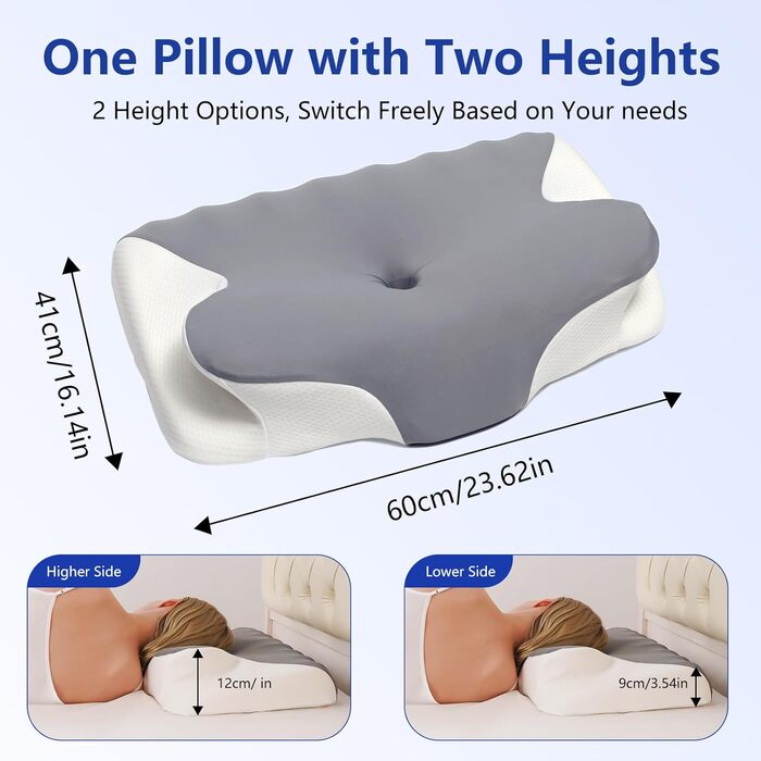 Подушка з піни з ефектом пам&39яті, подушка для шиї, подушка для голови, подушка для підтримки шиї та плечей, підходить для різних поз сну, розмір 60 x 41 x 9/12 см (світло-сірий)