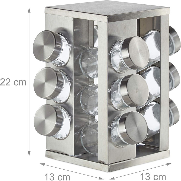 Карусель для спецій Relaxdays з 12 банками для спецій, обертається на 360, нержавіюча сталь, скло, ВxГ 22 x 19 см, квадратна підставка для спецій, срібляста, 10032729