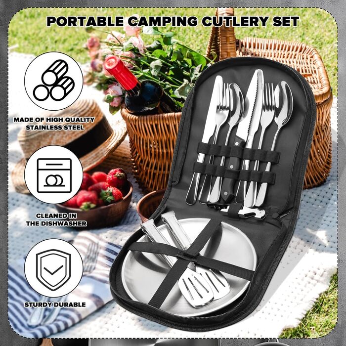 Набір посуду для кемпінгу на 4 особи, набір посуду для активного відпочинку на 22 предмети, столові прибори для кемпінгу з ложкою, виделкою, ножем, затискачем для тарілок, серветки для чищення пікніків, для подорожей (22)