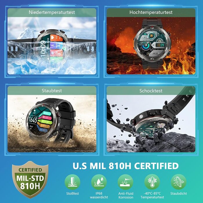 Військовий смарт-годинник для чоловіків, годинник для активного відпочинку на природі зі 100-денним часом автономної роботи/дзвінки через Bluetooth/ліхтарик/компас/пульсометр/монітор сну SpO2/100 спортивних режимів, фітнес-трекер/2 браслети/IP68, годинник