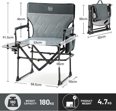 Складане кемпінгове крісло TIMBER RIDGE, вантажопідйомність 180 кг, компактний розмір упаковки, портативне директорське крісло, складне з бічним столиком та бічною кишенею для кемпінгу, газону, спорту та риболовлі, сіре