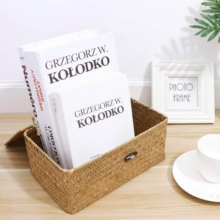 Кошики для зберігання морської трави, плетена коробка для зберігання з ротанга з кришкою та ручкою, прямокутний кошик з морської трави, полиця для зберігання одягу, косметики, книг, 3