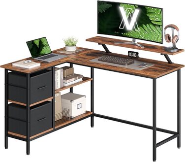 Г-подібний письмовий стіл, 2 місткі шухляди, комп&39ютерний стіл з підставкою для монітора, кутовий стіл, ігровий стіл з регульованою полицею 135 x 105 см, вінтажний коричневий LWD098B01