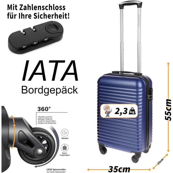 Ручна поклажа Christian Wippermann, 4 колеса, чорна з візерунком у смужку, валіза, візок, легка, кабіна, стандарт IATA, 55x35x23 см