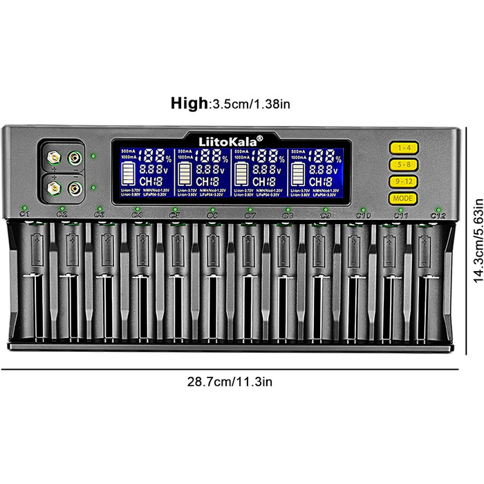 Слотовий РК-дисплей швидкий зарядний пристрій, інтелектуальний універсальний зарядний пристрій для літій-іонних (IMR/ICR) LiFePO4 Ni-MH/Cd 18650 21700 26650 18350 14500 RCR123 9V батарей AA AAA C, 12 18650 12-