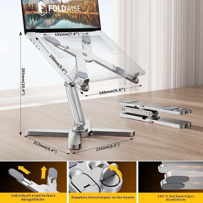 Підставка для ноутбука FoldWise X Алюмінієва, поворотна на 360, складана, з регулюванням висоти та кута нахилу Стабільна та портативна підставка для ноутбука, тримач для MacBook та компютера діагоналлю 11-18 дюймів, срібляста