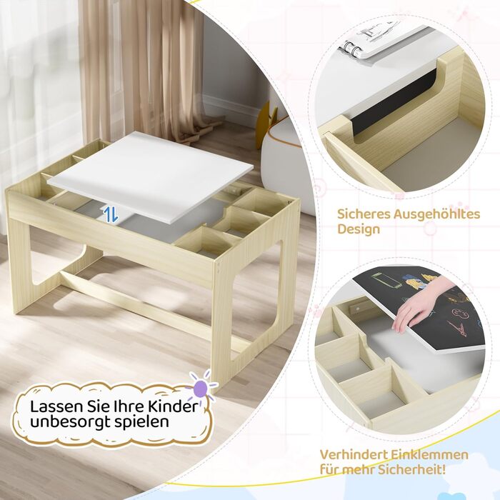 Дитячий комплект сидіння MAMIZO з місцем для зберігання, дитячий стіл з 2 стільцями, комплект дитячого столу та стільців з двосторонньою стільницею, дитячий стіл для дитячих кімнат та дитячих садків, вік 3, колір дерева з білим