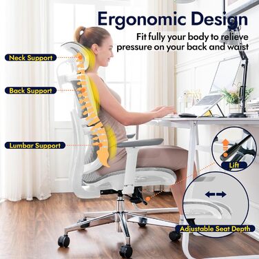 Ергономічне офісне крісло, висока спинка з сітчастого покриття та поперековою опорою, ігрове крісло з регульованими 3D-підлокітниками та підголівником, велике та високе обертове комп&39ютерне крісло, білий колір, 150 кг