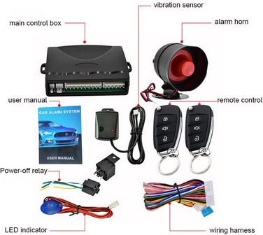 Автомобільна сигналізація Система безпеки, протиугінний пристрій 110 дБ Універсальний комплект центрального замка з пошуком автомобіля без ключа з датчиком удару Блок керування 2 змінні пульти дистанційного керування Світлодіодний дисплей