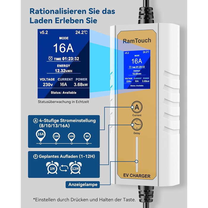 Зарядний кабель RamTouch для електромобілів типу 2 Schuko (3,7 кВт, 6,5 м), мобільна настінна коробка Schuko з регульованою та зап