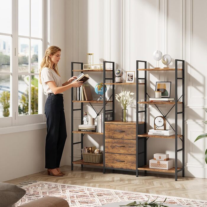 Книжкова полиця 100Ш x 142В см з 4 тканинними шухлядами, окремостояча книжкова полиця, кухонна полиця для вітальні, офісу, балкону, кубічна книжкова полиця, кухонна полиця для зберігання, книжкова шафа, індустріальний дерев&39яний стиль, 4 рівні - 100 см,