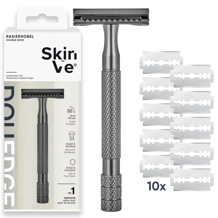 Безпечна бритва SkinVe Premium Safety Razor Anthracite Edition з 10 лезами I Безвідходна волога бритва для чоловіків і жінок I Безпечна бритва з двосторонньою головкою I Без пластику.