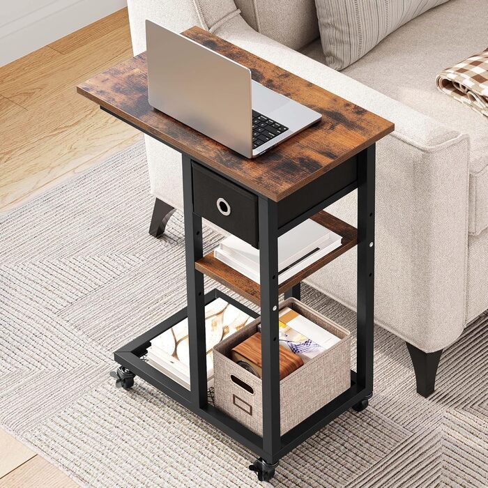 Журнальний столик YITAHOME, С-подібний диван-стіл з колесами та шухлядою, журнальний столик та журнальний столик для ноутбука, для вітальні, спальні, 50 x 30 x 67 см, рустикальний коричневий