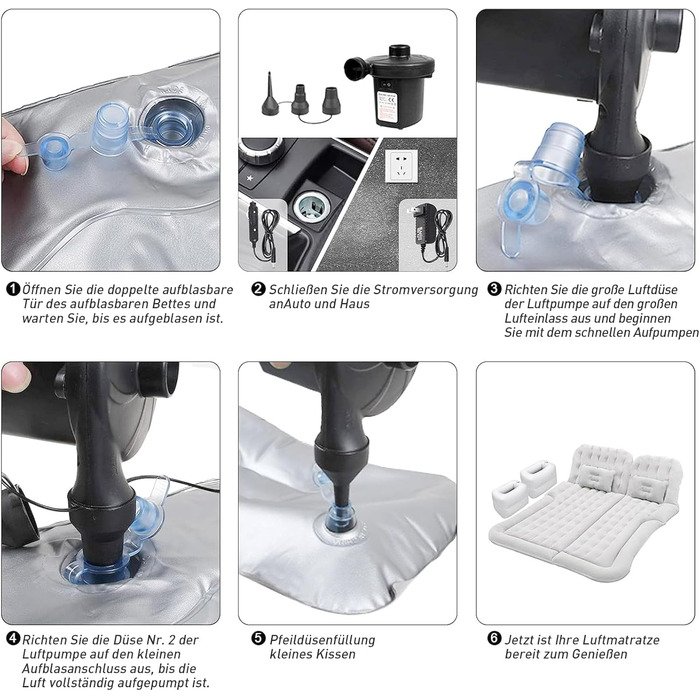 Надувний матрац для автомобіля позашляховика - потовщений та покращений кемпінговий матрац для заднього сидіння/багажника з електричним насосом, побутовий адаптер, 2 подушки 2 підставки для ніг, білий