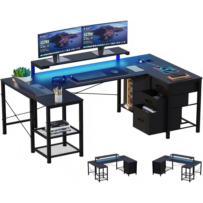 Кутовий ігровий стіл Devoko зі світлодіодним освітленням, місцем для зберігання та 3 шухлядами, 170x95x75 см, стіл з регульованою по висоті полицею, 2 розетками та 2 USB-портами, чорний
