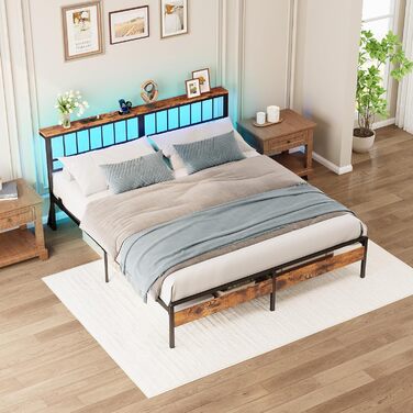 Каркас ліжка IRONCK 180x200, Ліжко зі світлодіодним підсвічуванням та розетками, Місце для зберігання речей під ліжком, 2 розетки змінного струму, 1 порт USB та 1 порт Type-C, Двоспальне ліжко з металевою рейковою основою, 180x200 см