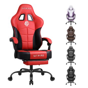 Офісне крісло SITMOD Ігрове крісло, велике ПК-крісло з регулюванням висоти, поворотне, ергономічне ігрове крісло зі штучної шкіри з підніжкою та поперековою опорою, поворотні робочі крісла на 360 - червоне