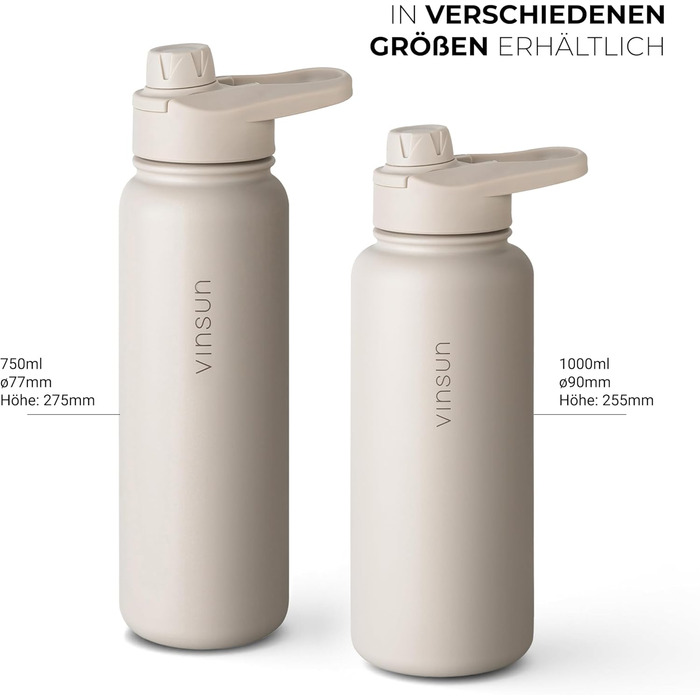 Пляшка для води Vinsun з нержавіючої сталі, бежева, 1 л - герметична, підходить для газованих напоїв, без BPA - трубочка, носик для пиття, термопляшка для спорту, активного відпочинку та школи, 1000 мл, бежевий