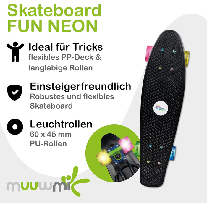 Скейтборд Muuwmi Lights Fun Glow — дека 57×15 см, колеса PU 60×45 мм, підшипники ABEC 5